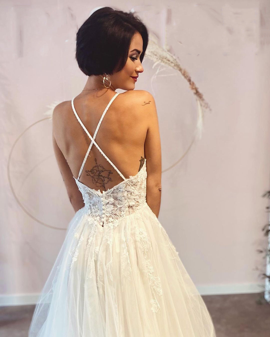 Long A-line Deep V-neck Spaghetti-Straps Backless Wedding Dress with Lace Tulle