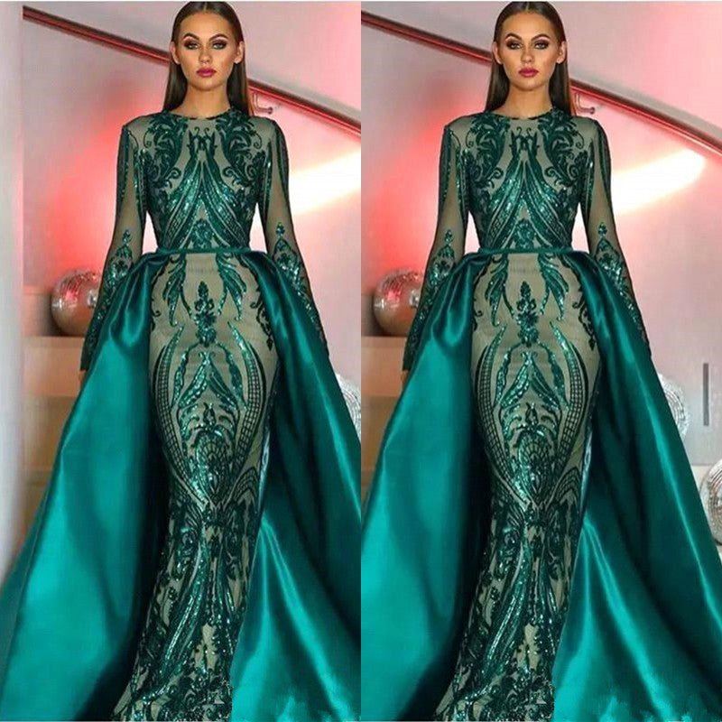 Mermaid Sequins Prom Dress - Emerald Green Long Sleeves & Detachable Skirt