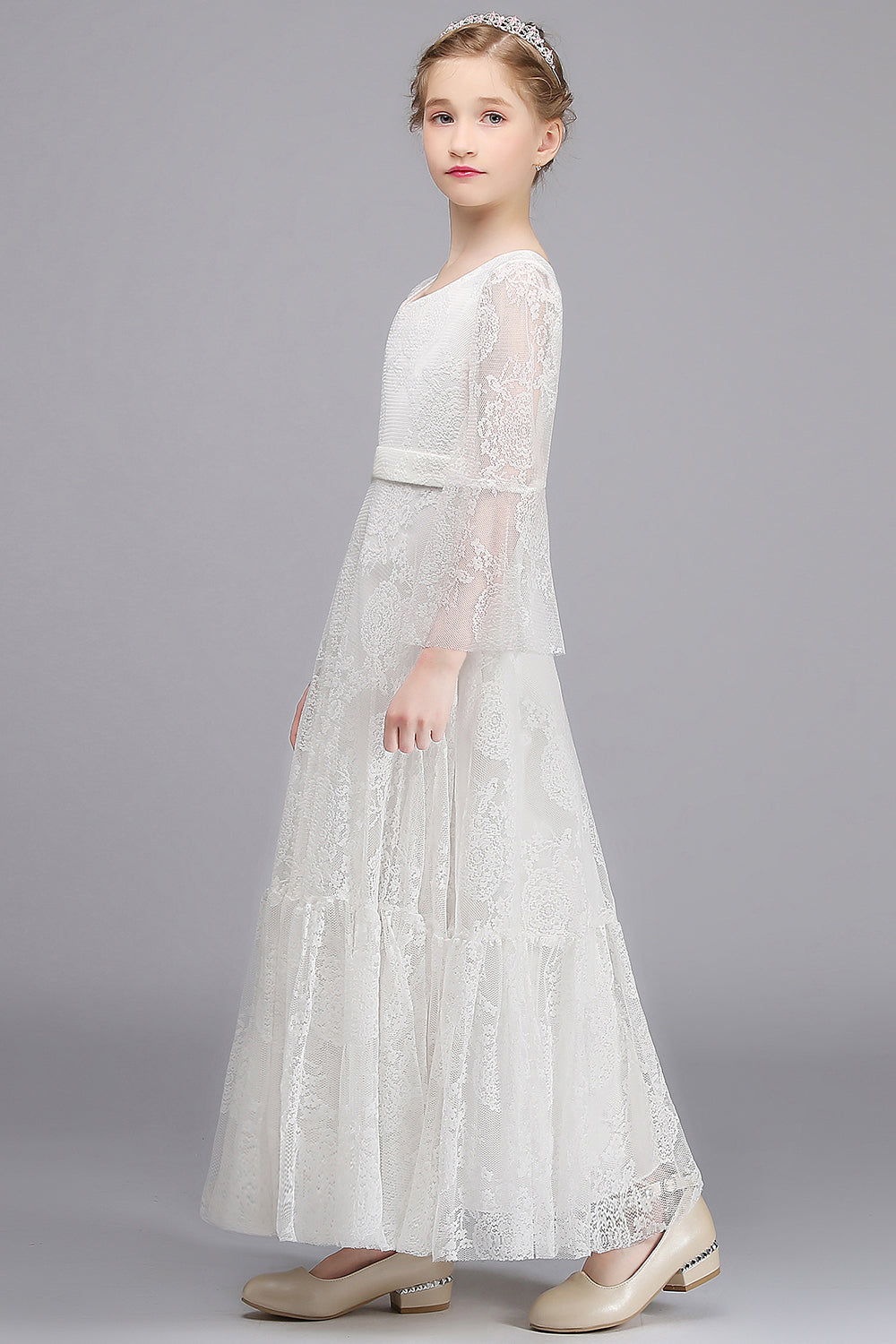 A-line V-neck Long Sleeves Flower Girl Dress with Lace Appliques