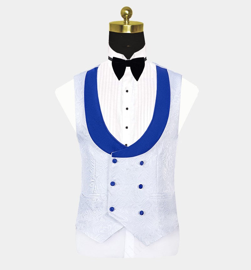 Blue Shawl Lapel White Jacquard Tuxedo Suit - Perfect for Groom