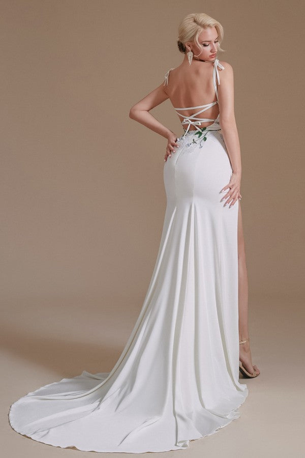 Gorgeous Satin Mermaid Wedding Dress with Open Back & Slit