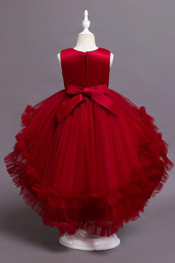 Red Tulle Belt Ruffles Flower Girl Dress with Appliques