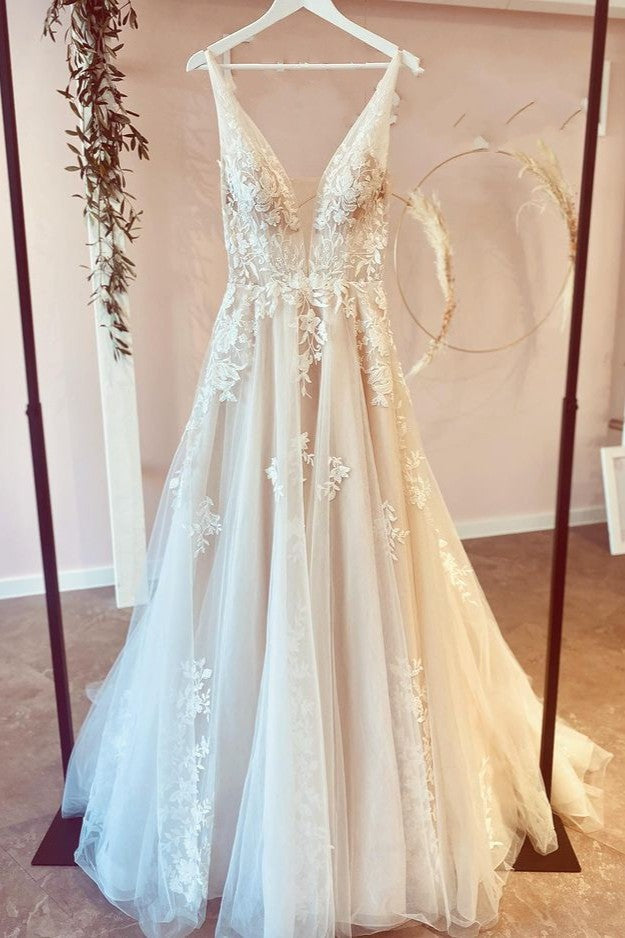 Stunning A-Line Tulle Wedding Dress With Floral Lace Deep V-neck and Floor-length