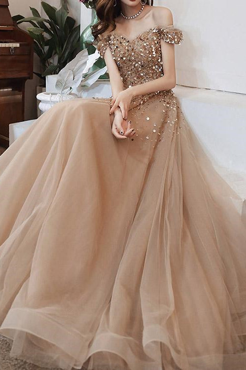 Elegant Off-The-Shoulder Sweetheart Sequins Long Evening Dress - Champagne