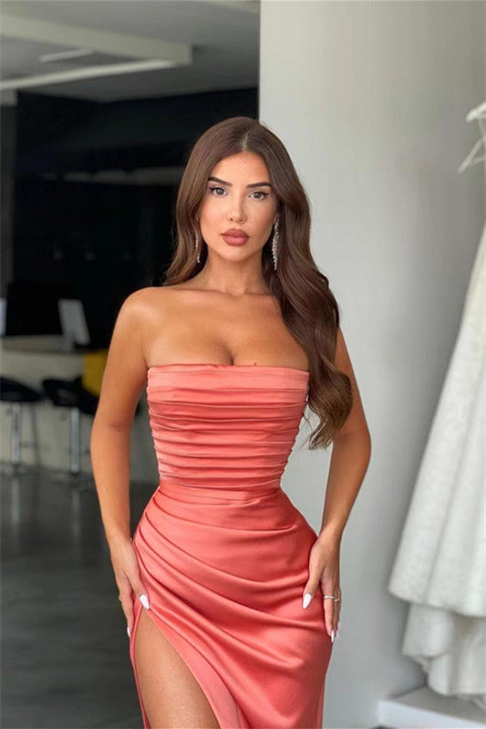 Mermaid Prom Dress - Amazing Coral Strapless With Pleats Slit