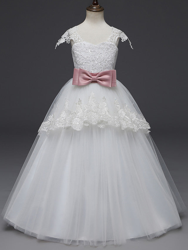 Long Length Cap Sleeve Scoop Neck Flower Girl Dresses with Lace Tulle Belt and Appliques