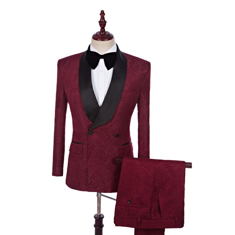 Romantic Burgundy Jacquard Double Breasted Best Fitted Wedding Tuxedo