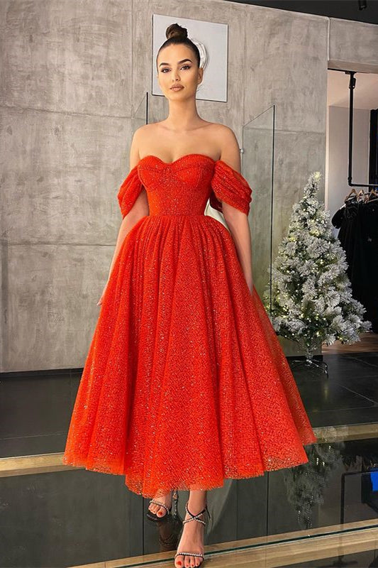 Glamorous Red Off-the-Shoulder Prom Dress With Sequins