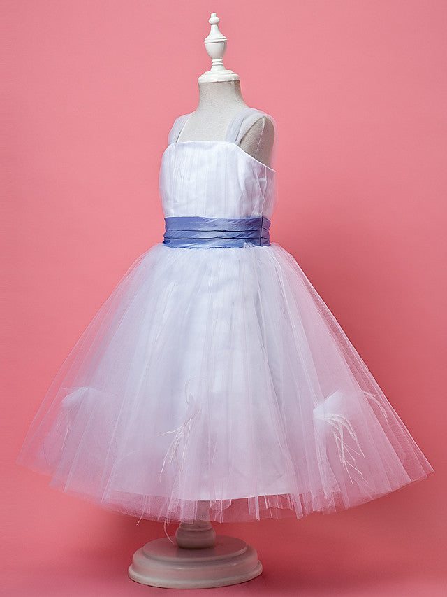 Princess A-Line Knee Length Tulle Sleeveless Dress With Feathers / Fur / Sash / Ribbon / Ruched