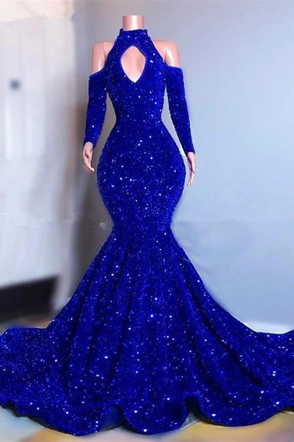 Royal Blue High Collar Mermaid Long Prom Dress With Sequins