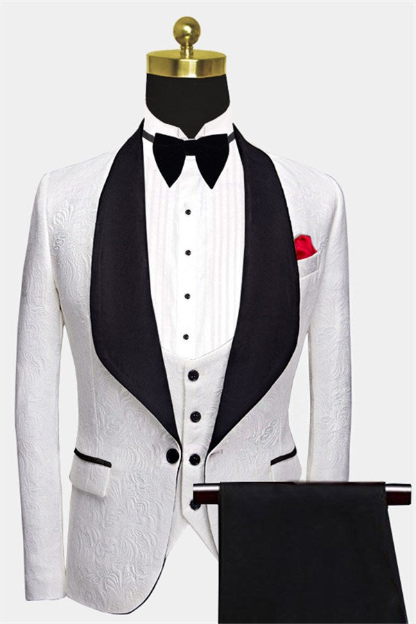 White Floral Men Suit with Black Lapel - 3 Piece Dinner Set