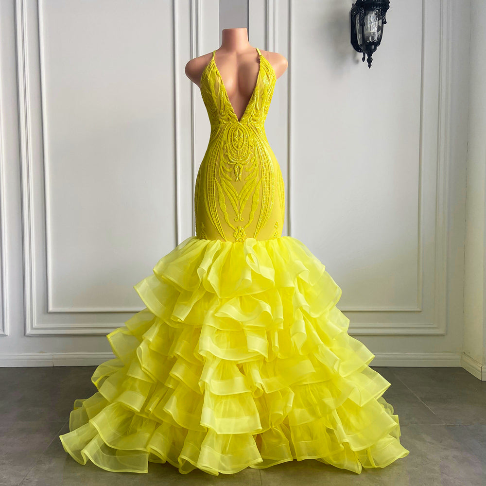 Halter Bright Yellow V Neck Mermaid Lace Prom Dress with Ruffle