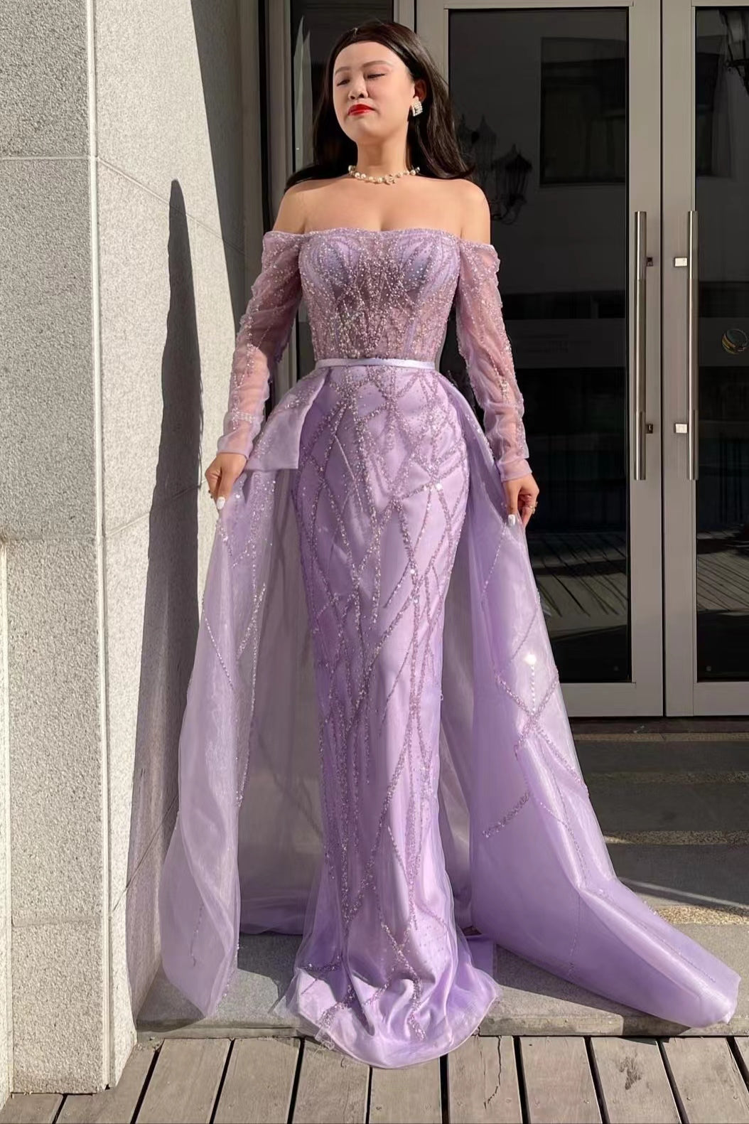 Mermaid Lilac Off-The-Shoulder Prom Dress with Long Sleeves and Beads