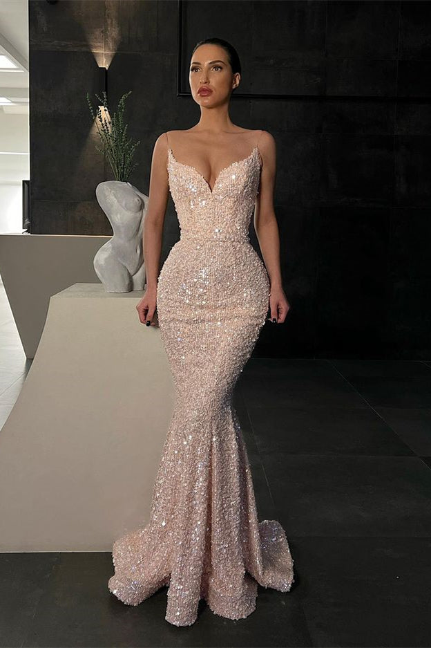 Sparkle With Style - Spaghetti Strap Long Evening Dress Mermaid With Sequins