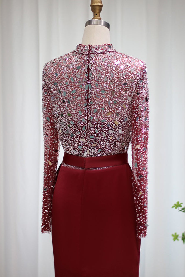 Glamorous Red Jewel Neck Mermaid Prom Dress with Sparkle Sequins and Long Sleeves