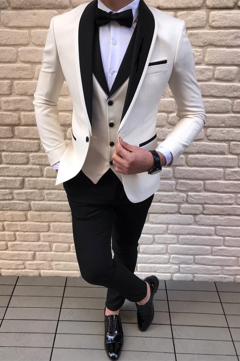 Fancy Black-and-White Shawl Lapel Wedding Suits with Waistcoat