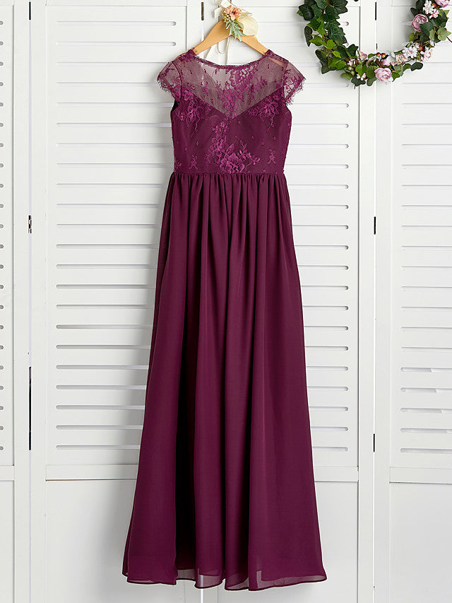 A-Line V Neck Maxi Chiffon/Lace Junior Bridesmaid Dress With Appliques