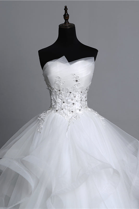 Gorgeous Long Ball Gown Strapless Wedding Dress with Tulle Layers and Appliques Beadings