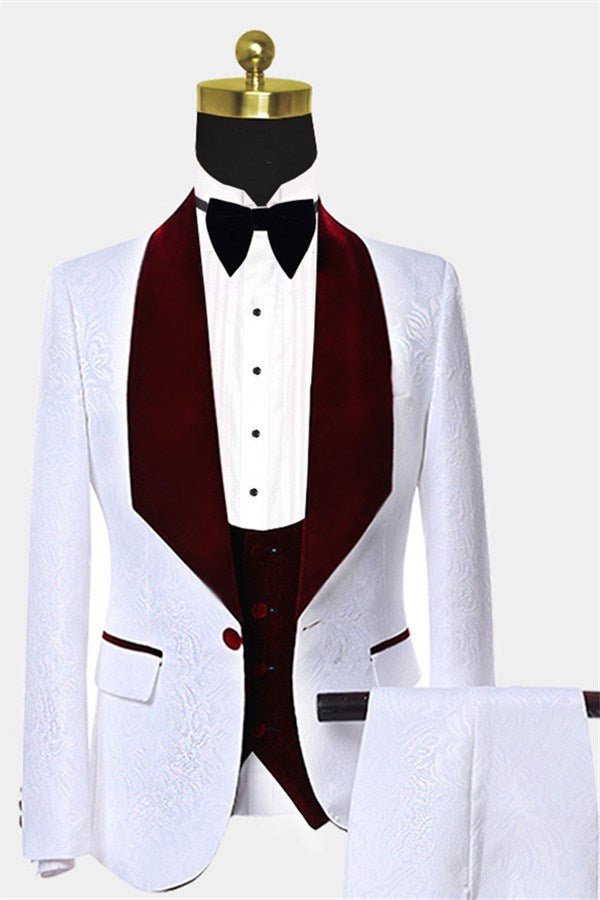 Modern White Jacquard Floral Wedding Tuxedo With Burgundy Lapel