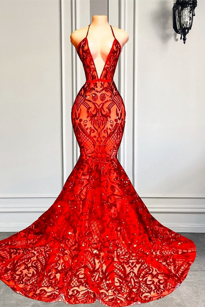 Glamorous Red Halter Sequins Lace Mermaid Prom Dress