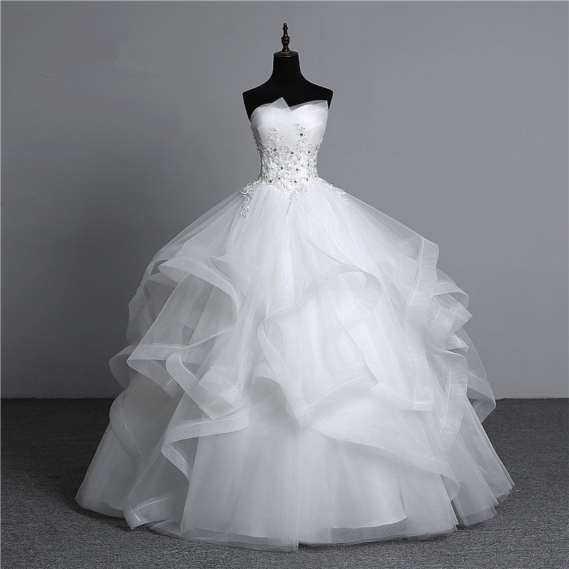 Gorgeous Long Ball Gown Strapless Wedding Dress with Tulle Layers and Appliques Beadings