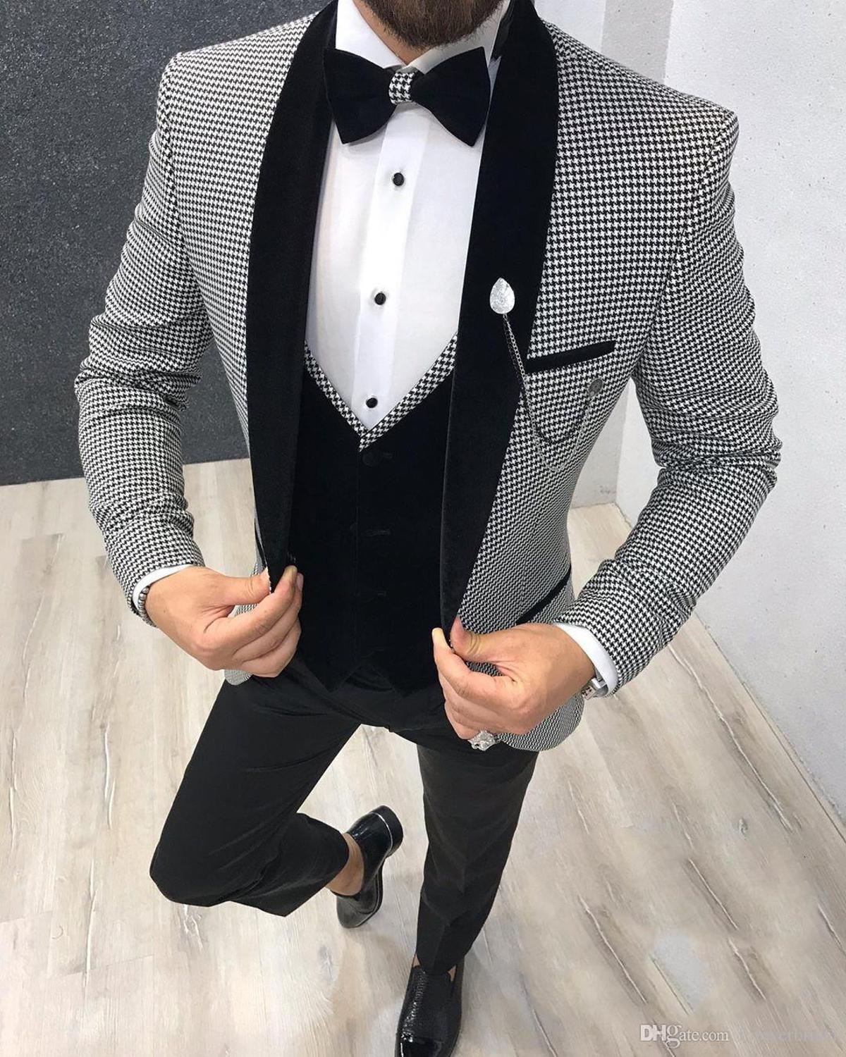 Ahmed Three Pieces Men Suits with Black Houndstooth Shawl Lapel