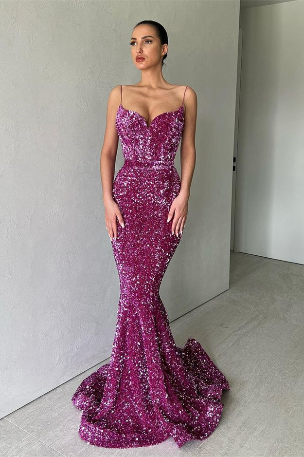 Purple Mermaid Long Evening Dress with Spaghetti Straps and Sequins