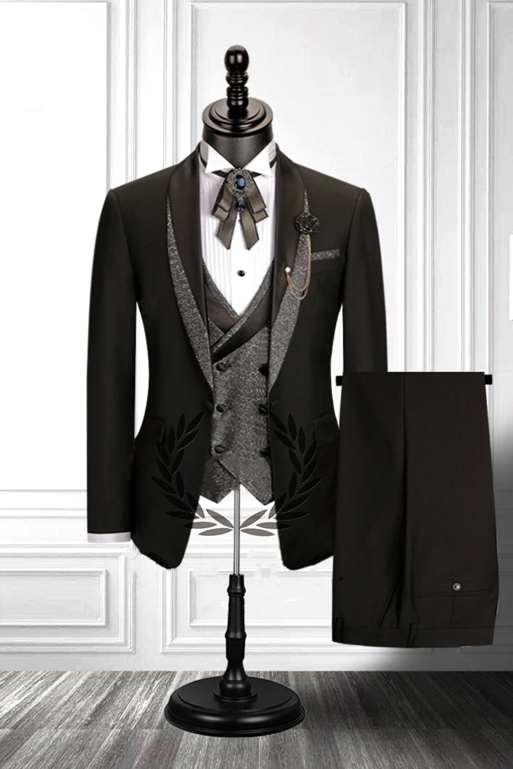 Modern 3 Piece Men's Suit with Stitched Shawl Lapel and Double Breasted Waistcoat ¨C Black