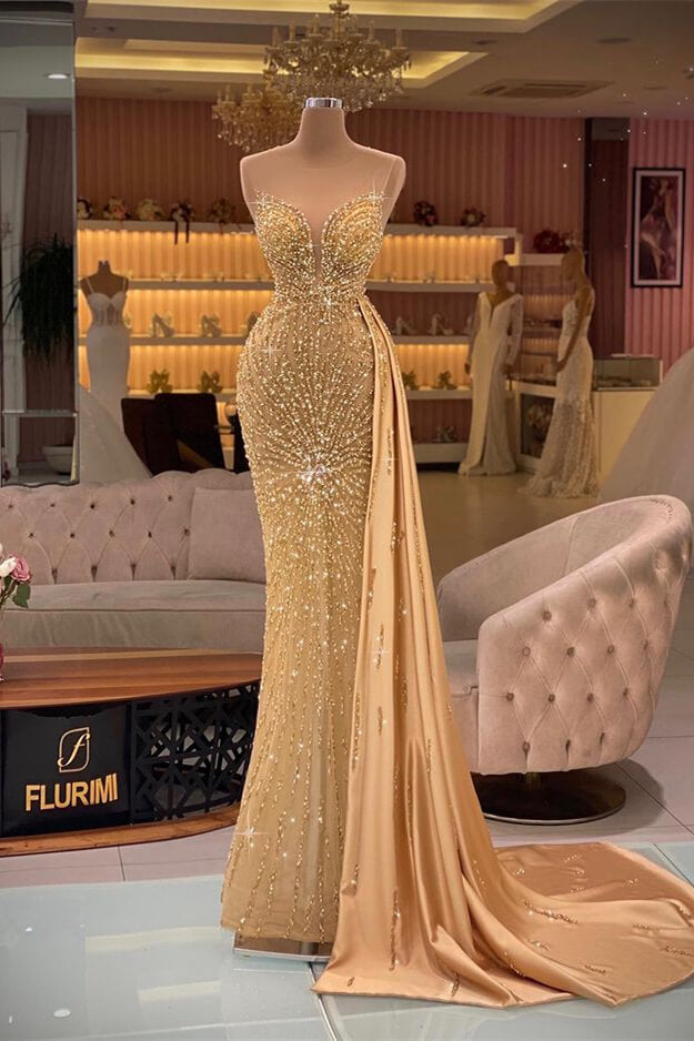 Gorgeous Gold Sweetheart Sleeveless Mermaid Evening Dress with Rhinestone Beadings and Ruffles