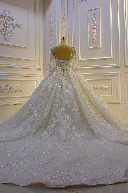 Luxury Beading Wedding Dress With Lace Appliques and Long Church Train Sleeves