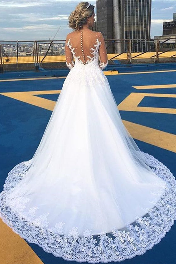 A-Line Lace V-Neck Wedding Dress with Long Sleeves