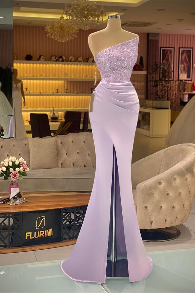 Light Purple Sequined Slit Mermaid Prom Dress