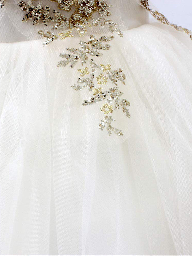 Princess High Neck Tulle Flower Girl Dress w/ Crystals & Rhinestones