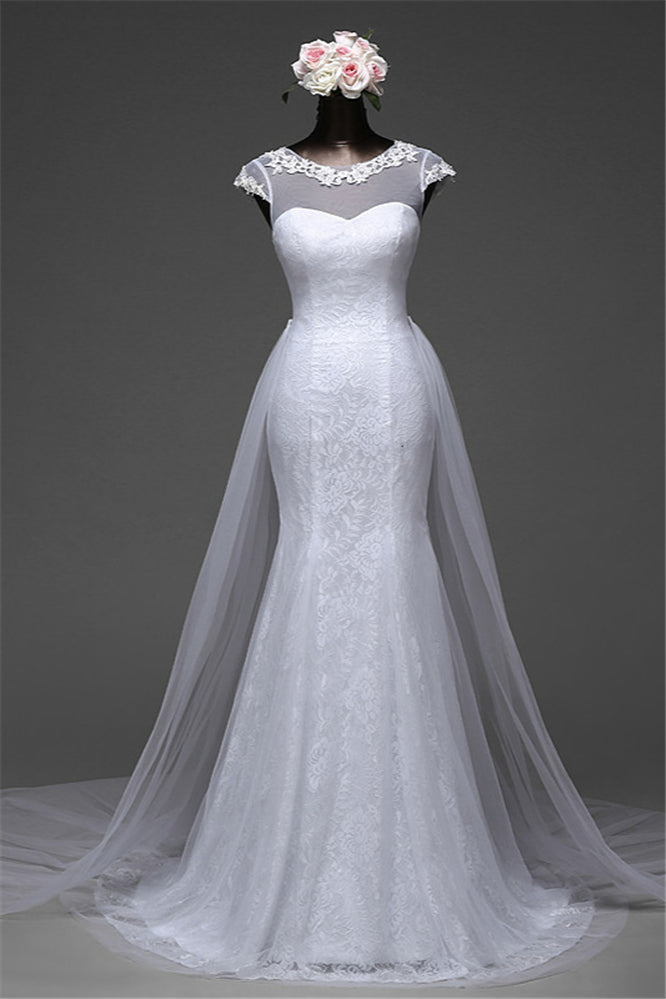 Glamorous Jewel Lace Long Mermaid Wedding Dress with Tulle Overskirt