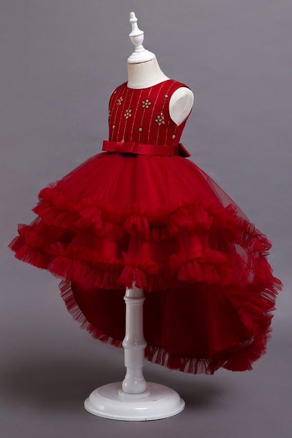 Red Tulle Belt Ruffles Flower Girl Dress with Appliques