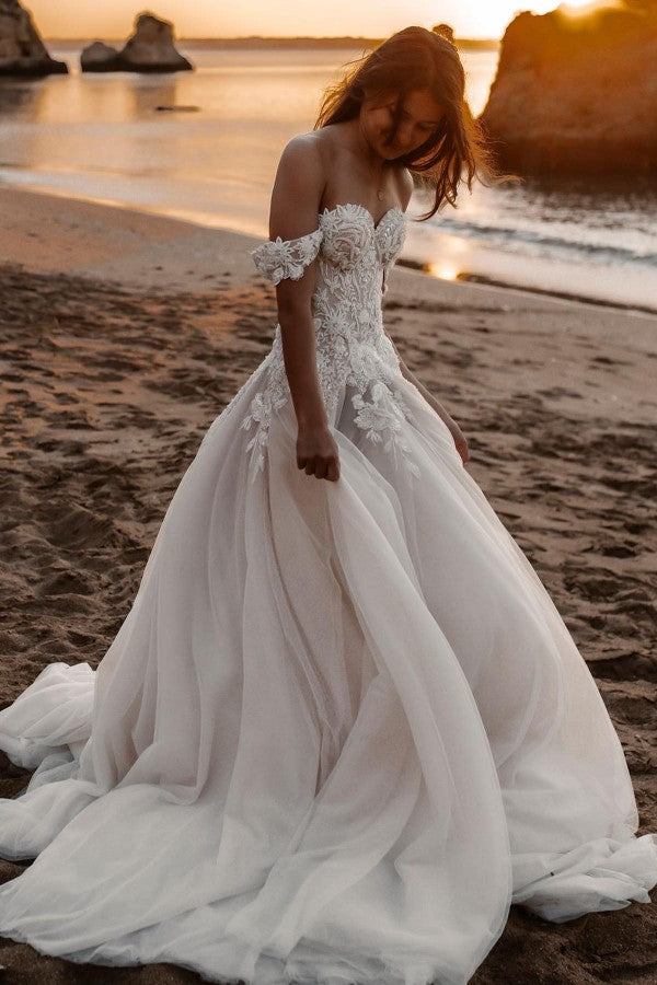 Romantic A-Line Appliques Lace Off-the-shoulder Tulle Train Wedding Dress