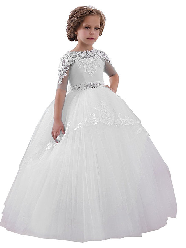 Short Sleeve Jewel Neck Flower Girl Dresses with Lace Tulle Appliques Crystals and Rhinestones