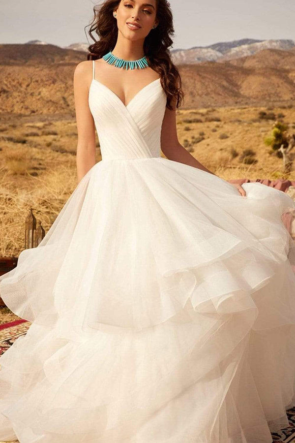 V-Neck Wedding Dress with Ruffles Tulle & Spaghetti Straps