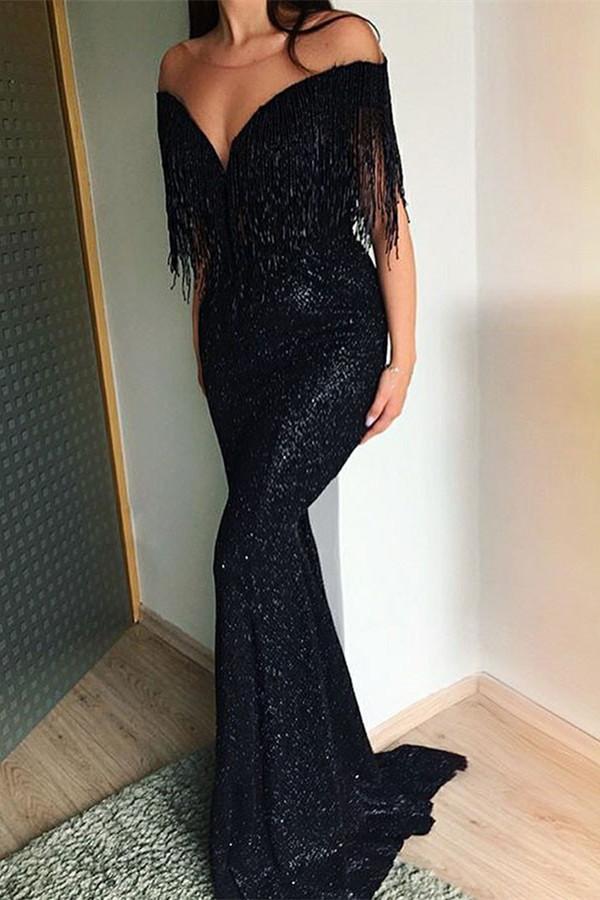 Elegant Black Sequins Tassles Mermaid Prom Dress