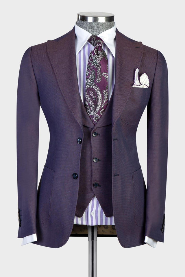 Eamonn Modern Dark Purple 3-Piece Peaked Lapel Men Suits for Business