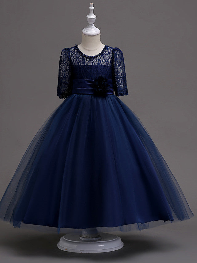 Half Sleeve Lace Jewel Neck Flower Girl Dresses with Satin Tulle Belt and Beading