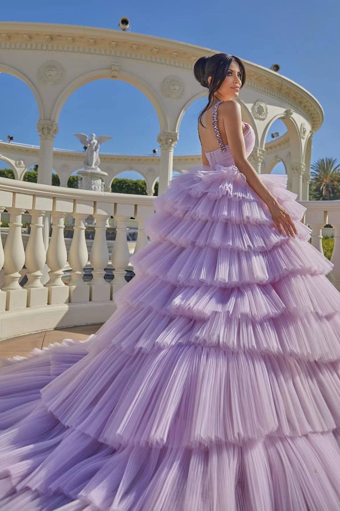 Lilac V-Neck Ball Gown with Beads and Tulle Layered Skirt