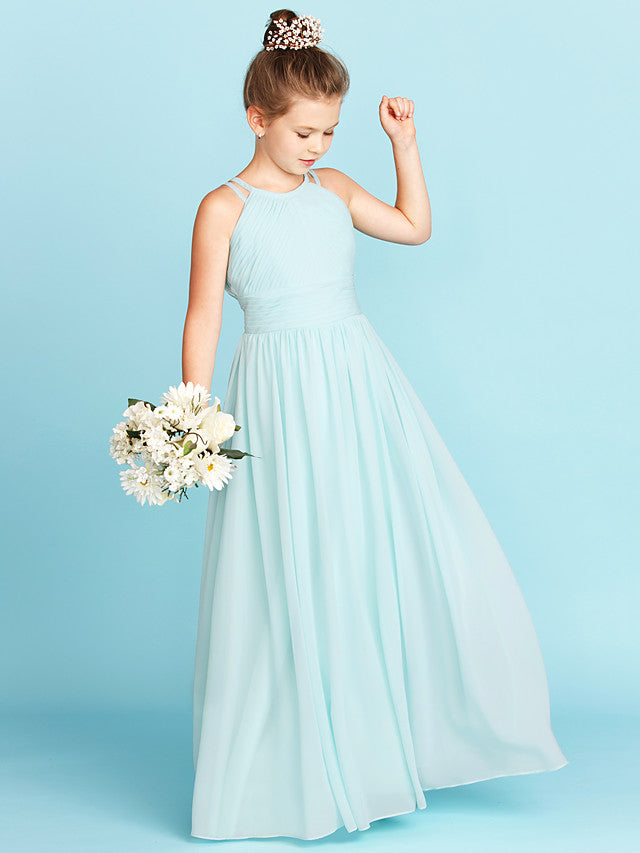 Princess A-Line Jewel Neck Floor Length Chiffon Flower Girl Dress with Ruched Side-Draped Wedding Party Open Back