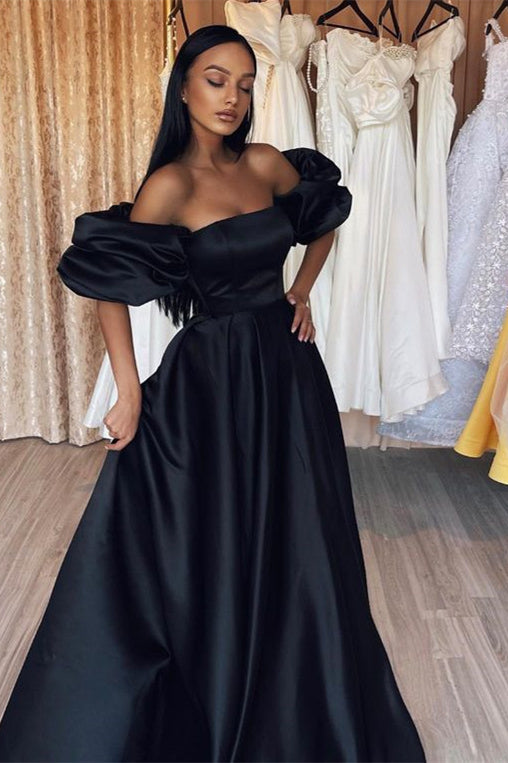 Elegant A Line Black Off-The-Shoulder Prom Dress