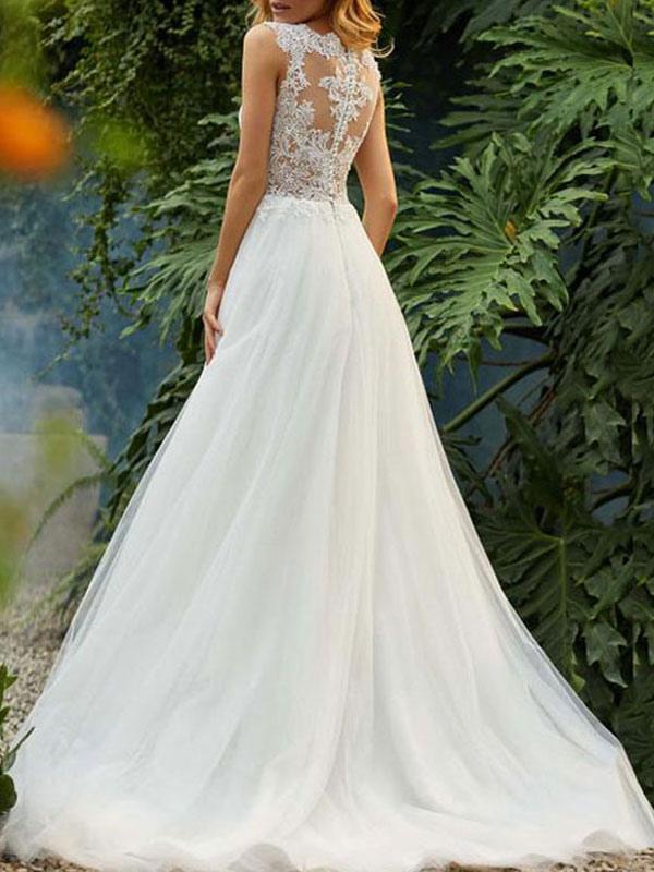 Long Sleeveless Tulle Lace Wedding Dress