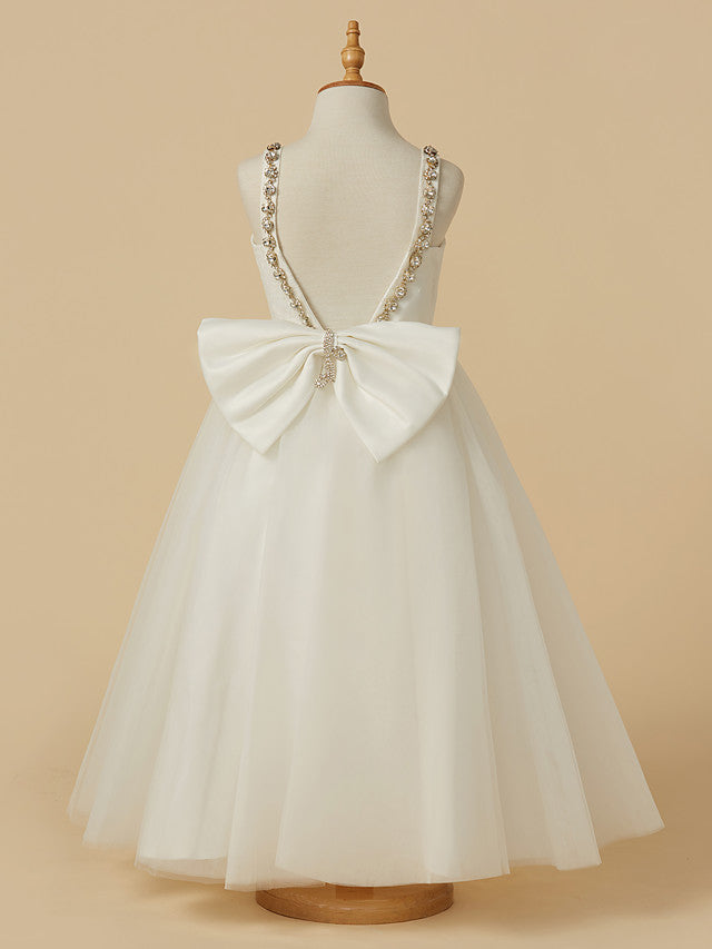 A-Line Sleeveless Straps Ankle Length Flower Girl Dress with Bow Beading and Lace Tulle