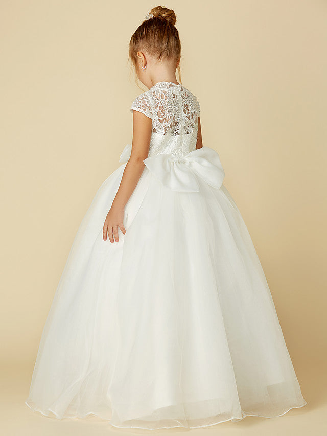 Lace Tulle Ball Gown with Short Sleeve High Neck & Sash Ribbon Bow for Flower Girl Dress