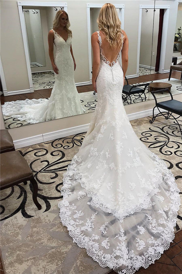 Elegant Straps V-Neck Backless Mermaid Wedding Dress with Appliques