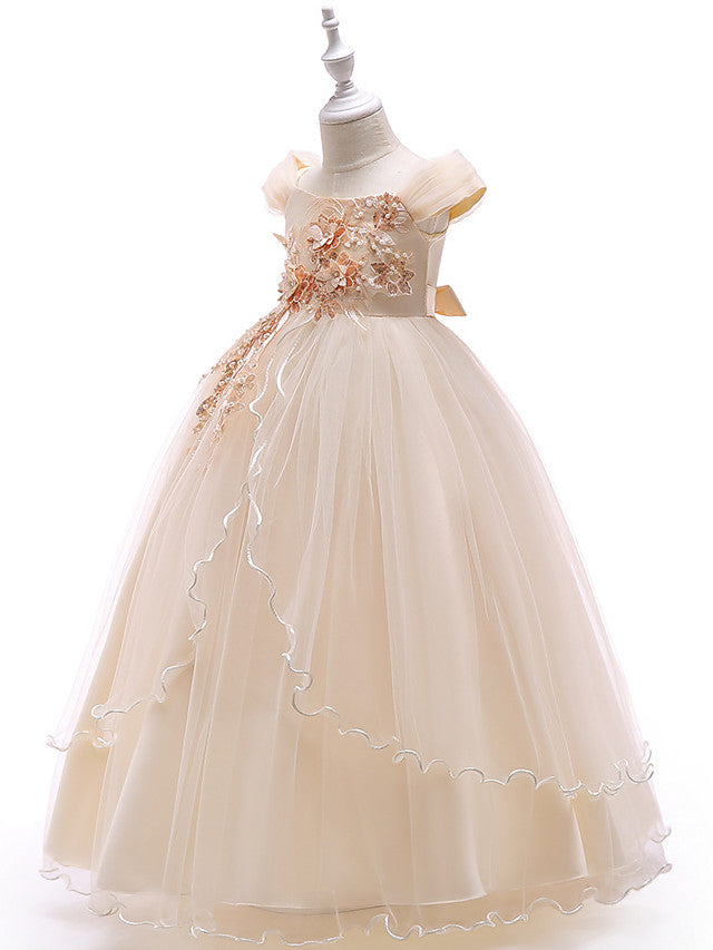 Sleeveless Off Shoulder Ball Gown with Floral Bow-Flower Girl Dress