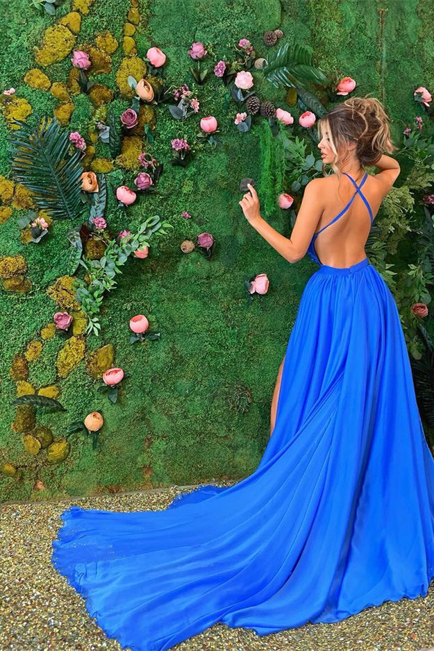 Sleeveless Royal Blue Prom Dress with a Split